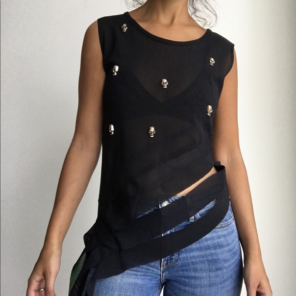 Rehab Tops - Black sheer mesh golden stud skull tank top S